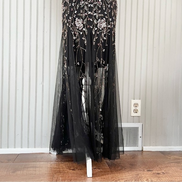 Adrianna Papell Black Beaded Column Dress with Tulle